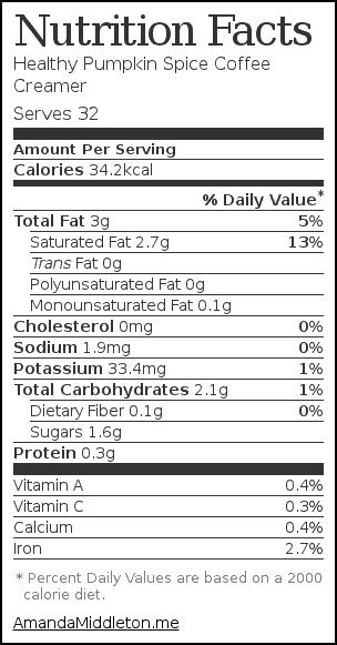 Nutrition label for Healthy Pumpkin Spice Coffee Creamer
